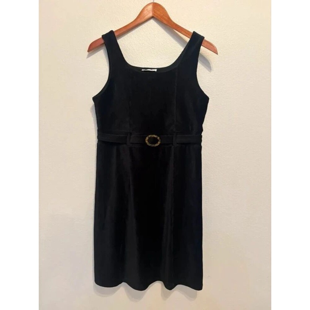 Y2K Black Velour Scoop Neck Mini Dress with Belt - Size L